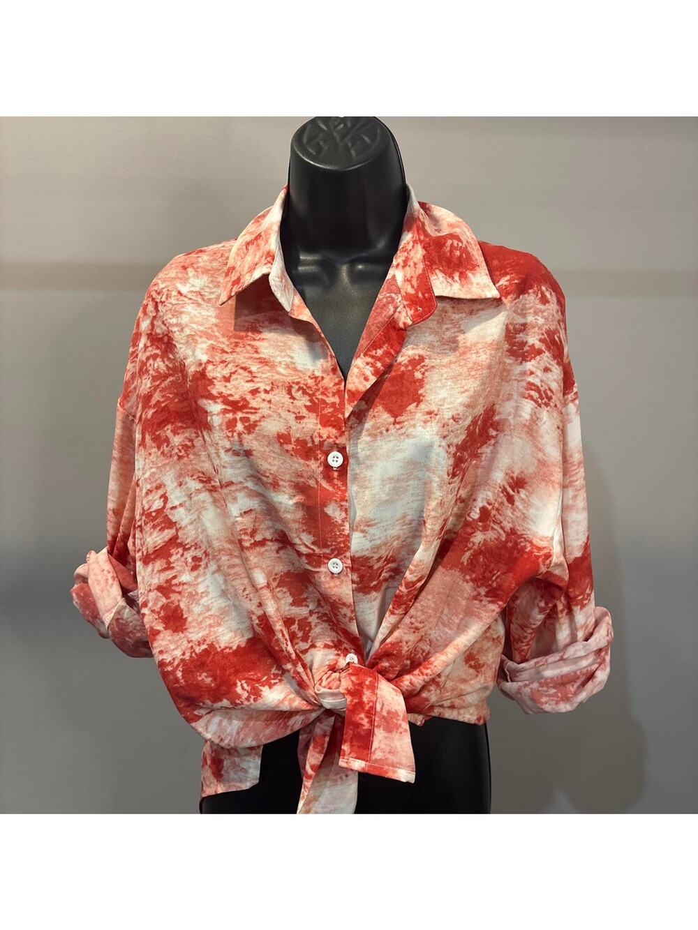 Boho Coral and White Tie Dye Long Sleeve Button up Top Size S/M